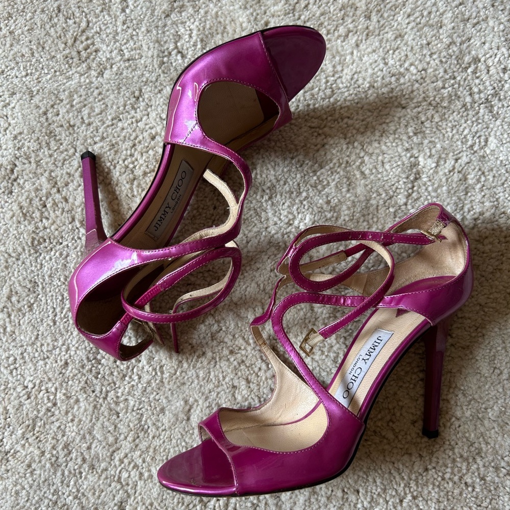 Jimmy Choo Lance Pink Patent Sandal Heel